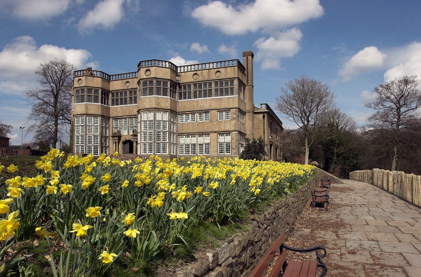 DCP0753 
 Astley Hall in Chorley with daffodils in flower in the foreground 
 Keywords: Lancashire, Lancs, North, West, Northwest, England, UK, Britain, Europe, Chorley, town, Astley, Hall, public, garden, park, municipal, leisure, Season, Spring, flower, Daffodil, yellow, green, foreground, colour, color, colourful, colorful, chimney, parapit, window, stately, home, art, gallery, museum, path, bench, seat, cloud, blue, sky, horizontal