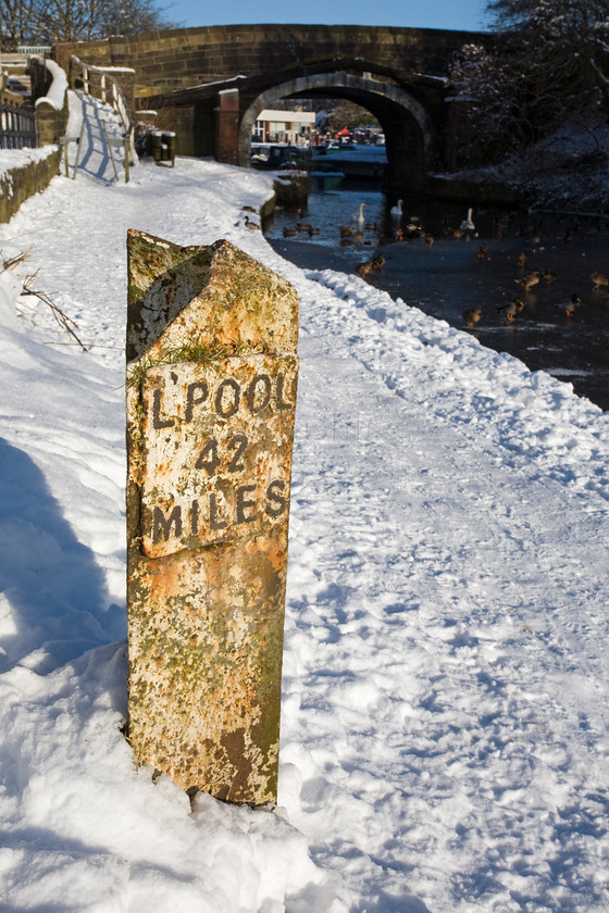 DCP1700 
 Mile marker in the snow on the Leeds and Liverpool Canal at Adlington 
 Keywords: Adlington, Leeds and Liverpool, Canal, waterway, season, winter, snow, cold, ice, freeze, frozen, sign, signpost, mile, mark, marker, tow, path, bridge, ducks, bird, birds, Lancashire, Lancs, Northwest, North, West, England, UK, Britain, Europe, DCP1700